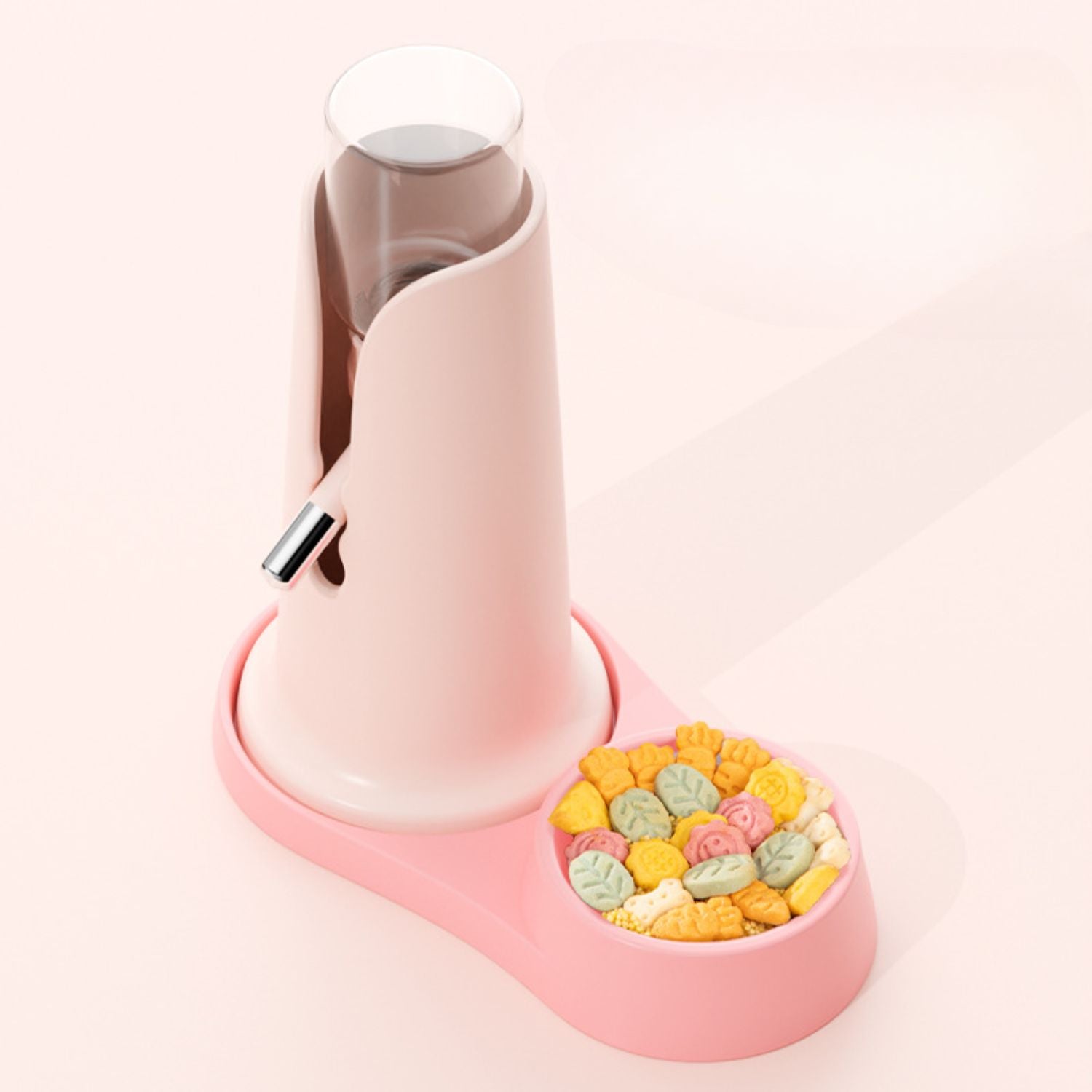 hamster drinkfontein staand roze met voer in bakje